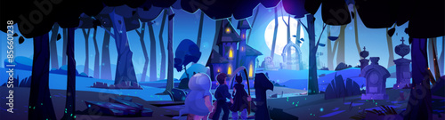 Children in Halloween costumes on night cemetery. Vector cartoon illustration of spooky graveyard with stone tombs, spooky haunted house, kids in scary clothes playing trick or treat, full moon in sky