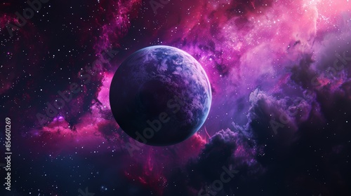 Unknown planet amidst cosmic stars and nebula, outer space scene, raw style, detailed textures, and vibrant colors