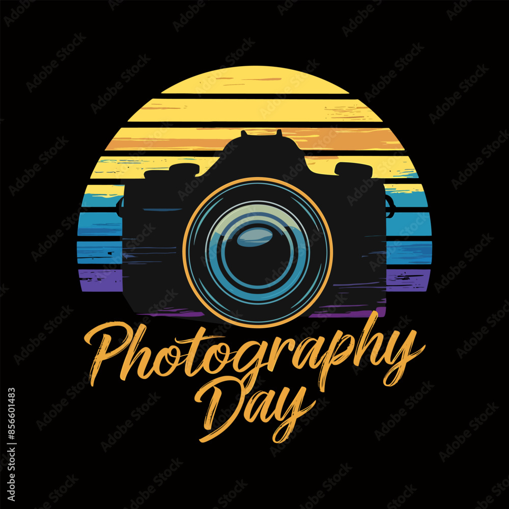 Obraz premium World Photography Day,Retro vintage sunset photography camera tshirt design