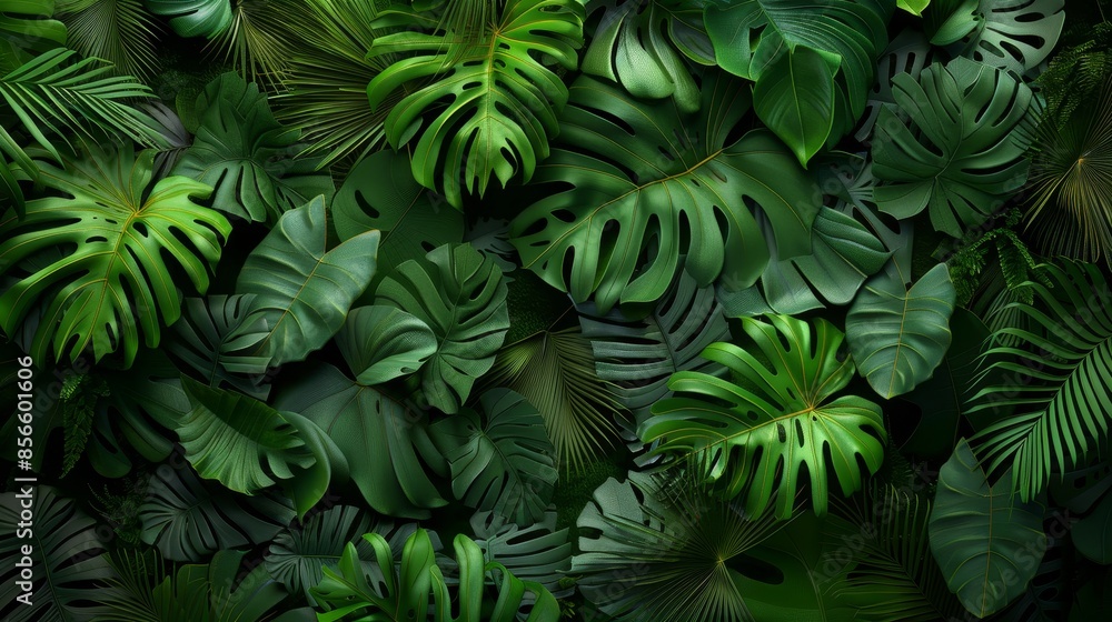 Vibrant green background with a 3D mural of dense tropical foliage, lush leaves in intricate detail, raw style, striking and vivid Vibrant green background with a 3D mural of dense tropical foliage, lush leaves in intricate detail, raw style, striking and vivid