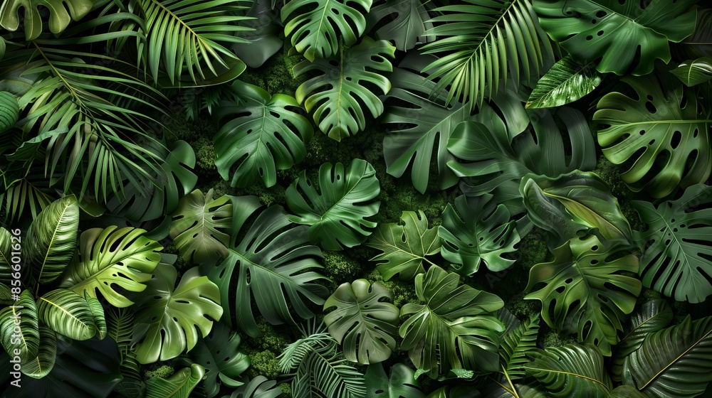 Vibrant green background with a 3D mural of dense tropical foliage, lush leaves in intricate detail, raw style, striking and vivid Vibrant green background with a 3D mural of dense tropical foliage, lush leaves in intricate detail, raw style, striking and vivid