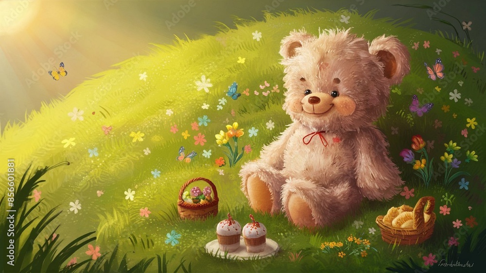 Fototapeta premium A cuddly and adorable teddy bear sitting on a soft, fluffy pillow.