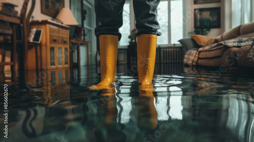 A man in rubber boots stands in a flooded house