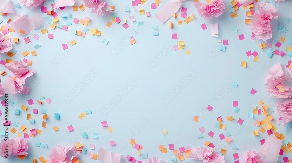 A light blue background with pastel pink and yellow confetti and flowers, empty space in the center for text or product display, perfect for festive events like birthday parties or wedding invitations A light blue background with pastel pink and yellow confetti and flowers, empty space in the center for text or product display, perfect for festive events like birthday parties or wedding invitations