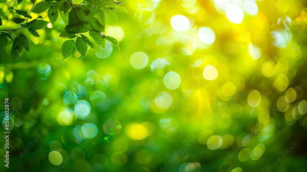 Fototapeta premium Green leaves and sunlight in the background.