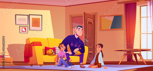 Happy family at home living room sitting on sofa illustration. Child with father indoor livingroom together on couch. Children with parent spend time in lounge with picture, window and furniture