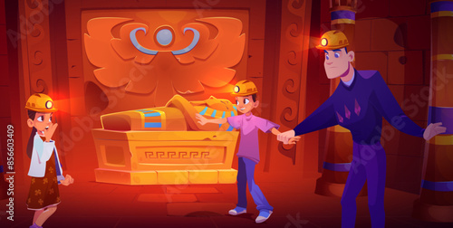 People in ancient egyptian temple in helmet vector. Egypt pharaoh tomb in palace to explore. Gold afterlife sarcophagus in museum with crypt paintings inside. Fantasy danger illustration for game