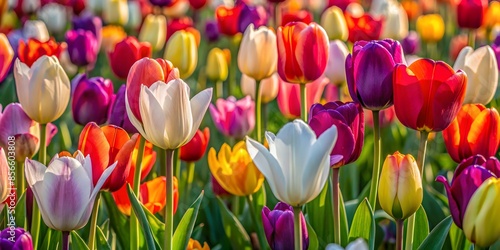Field Of Colorful Tulips In Bloom, Illuminated By The Sun photo