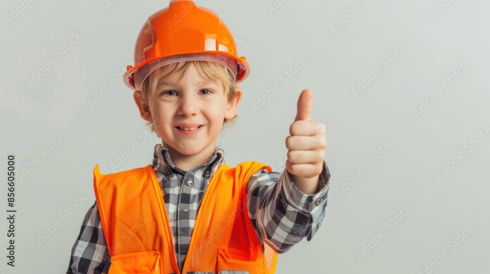 A little boy stands smiling in an engineer's uniform. Ready to show thumb A little boy stands smiling in an engineer's uniform. Ready to show thumb