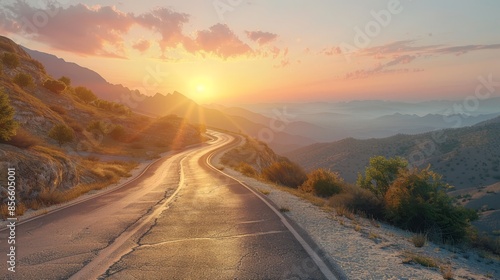 Endless mountain road at sunset, horizon in sight, summer day with bright sun setting, raw and realistic