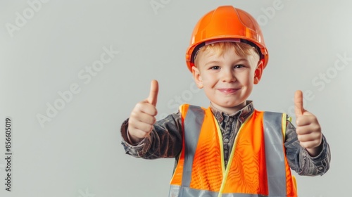 A little boy stands smiling in an engineer's uniform. Ready to show thumb