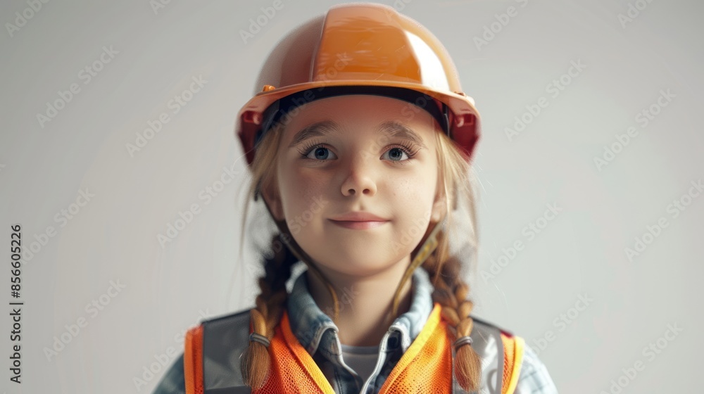 A child in a construction engineer uniform smiled happily. A child in a construction engineer uniform smiled happily.