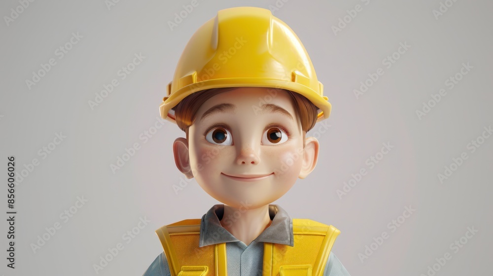 A boy in primary school smiles in an engineer's hat. A boy in primary school smiles in an engineer's hat.