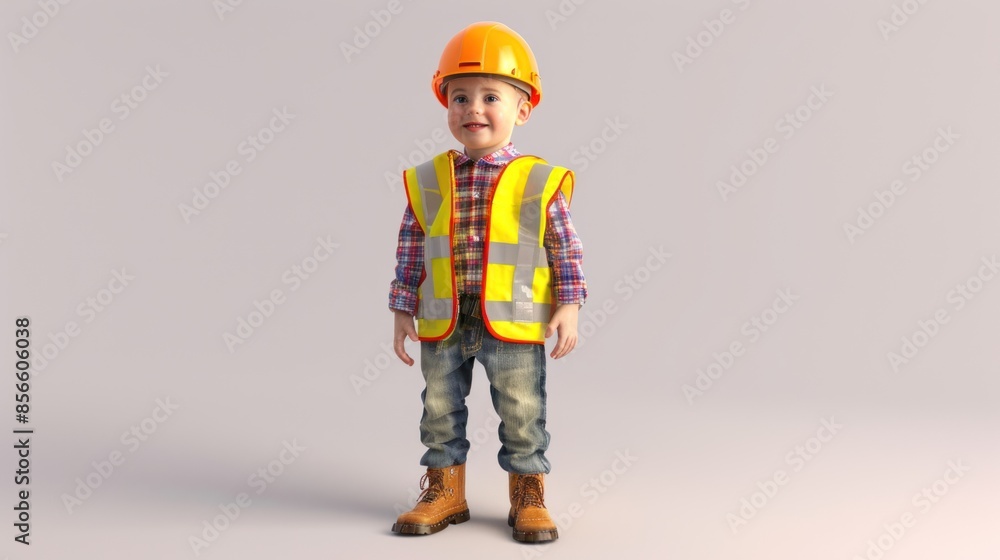 A boy in a construction engineer's uniform standing happily smiling A boy in a construction engineer's uniform standing happily smiling