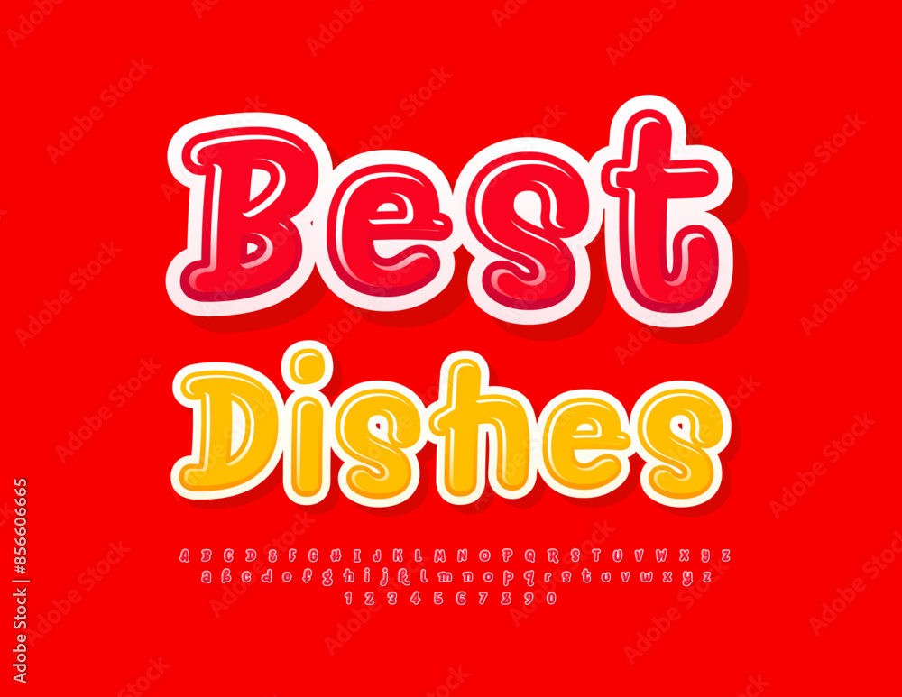 Vector bright advertisement Best Dishes. Creative Red Font. Funny Glossy Alphabet Letters and Numbers set. Vector bright advertisement Best Dishes. Creative Red Font. Funny Glossy Alphabet Letters and Numbers set.