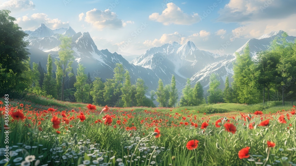 Mountain Meadow with Poppy Flowers and a Snowy Peak Mountain Meadow with Poppy Flowers and a Snowy Peak