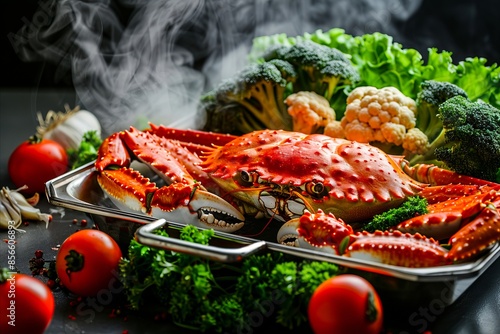 A crab is being cooked in a pan with vegetables. photo