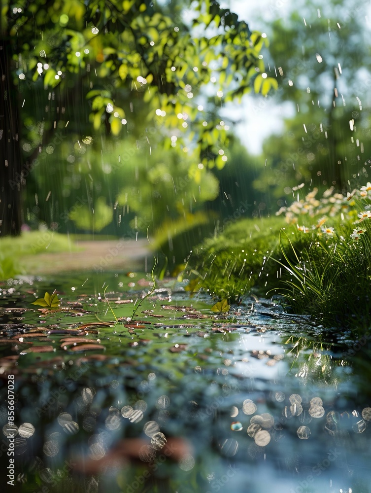 Fototapeta premium A path with grass and trees in the rain.