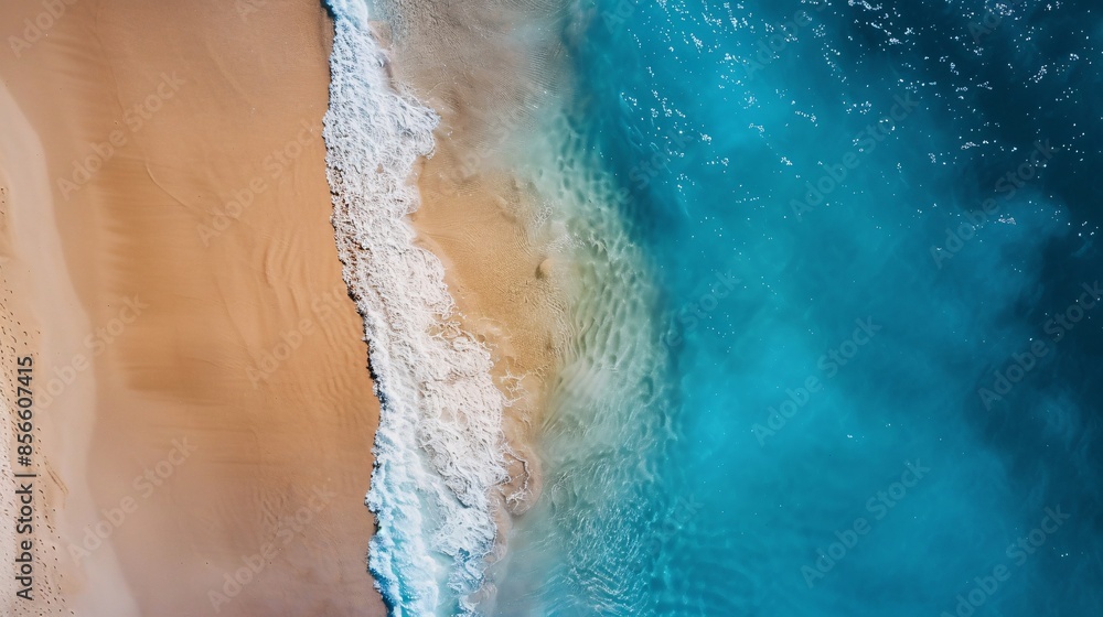 Fototapeta premium Aerial View of Sandy Beach and Turquoise Ocean
