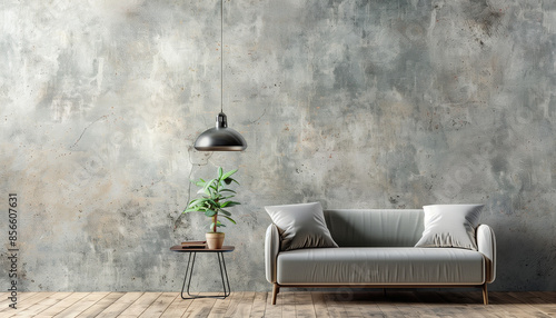 Rustic Textured Wall with Urban Chic Color Washing Technique. Aged effect. Palette of gray, blue, black, white, and taupe with subtle variations. High-resolution. Matching furniture and decor.