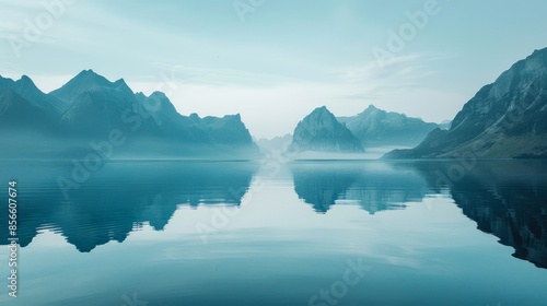 Futuristic mountains meeting the sea, breathtaking mirror effect, perfect reflection captured in raw style