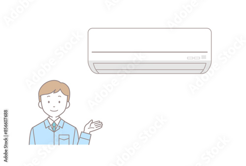 エアコンと作業員男性