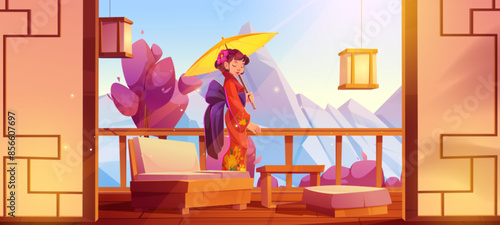 Geisha on house terrace against mountain landscape. Vector cartoon illustration of beautiful young woman wearing traditional Japanese kimono, holding umbrella in hand, oriental interior, sakura trees