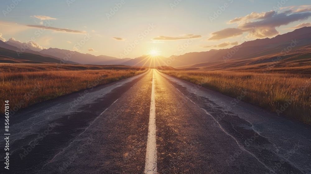 Long empty road through mountains, leading to the horizon, illuminated by a bright summer sunset, raw style, high contrast Long empty road through mountains, leading to the horizon, illuminated by a bright summer sunset, raw style, high contrast