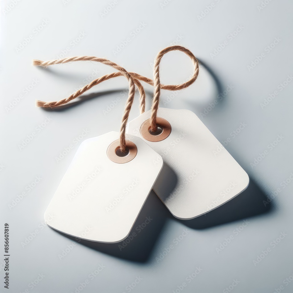 Fototapeta premium two blank white tags connected by a twisted, brown string, with the tags casting a soft shadow on a light grey surface