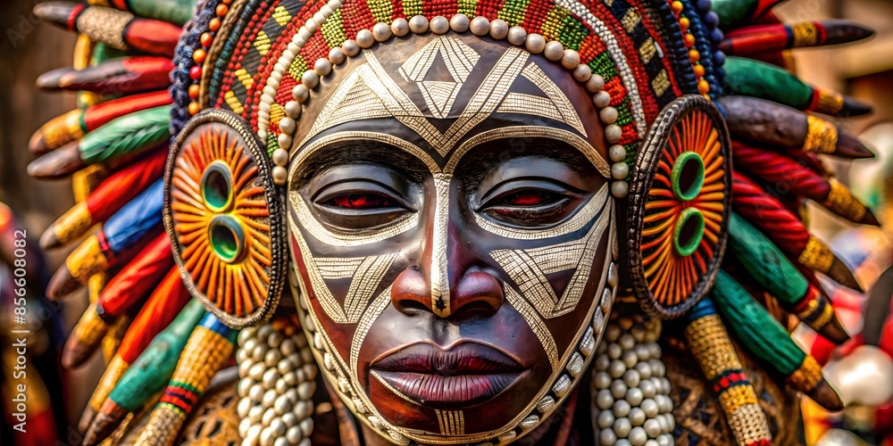 A Close-Up Of A Traditional African Mask With Intricate Patterns And Vibrant Colors. A Close-Up Of A Traditional African Mask With Intricate Patterns And Vibrant Colors.