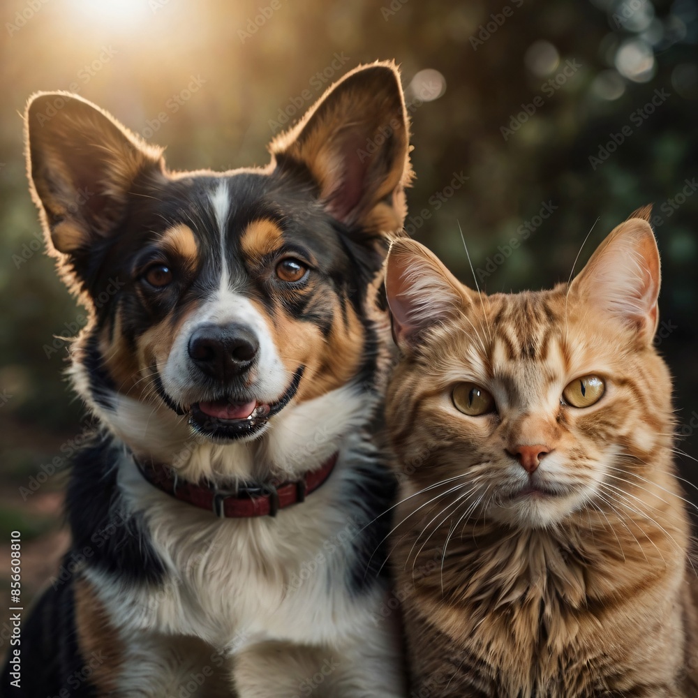Cat and dog sitting and smiling together on sunny day. Freindship between cat and Dog Cat and dog sitting and smiling together on sunny day. Freindship between cat and Dog