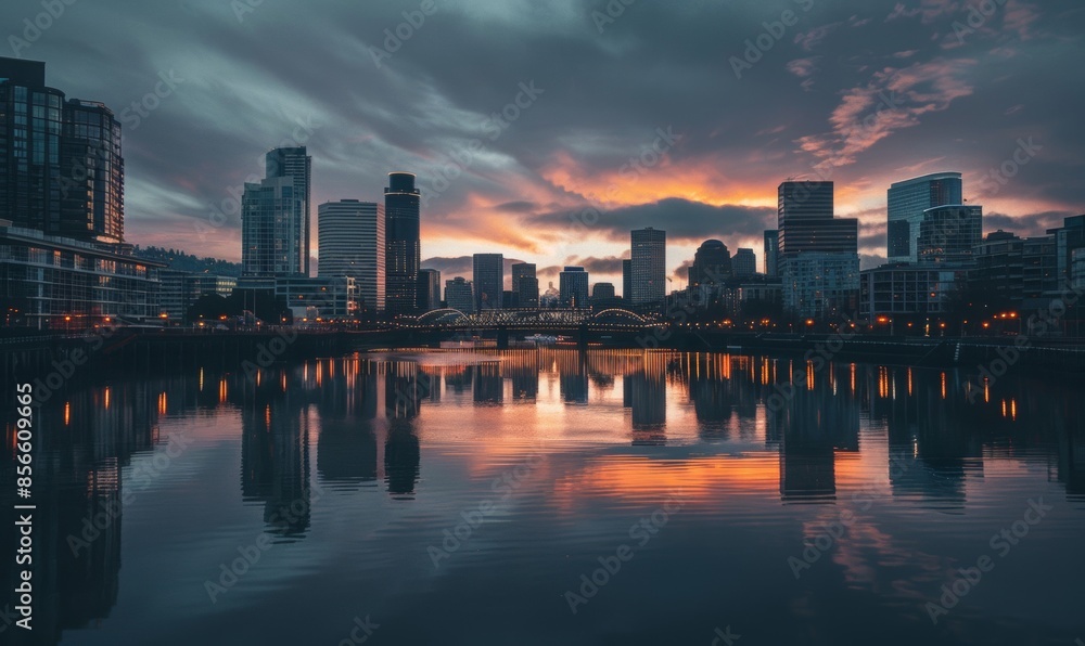 Fototapeta premium A stunning aerial view of a city skyline mirrored in the tranquil waters of a river, capturing modern architecture and urban beauty