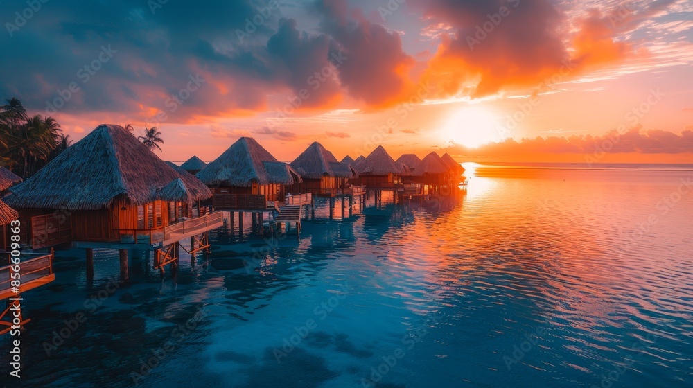 Overwater bungalows against a breathtaking sunset, luxury beach resort setting, vibrant reflections on the sea, raw aesthetic Overwater bungalows against a breathtaking sunset, luxury beach resort setting, vibrant reflections on the sea, raw aesthetic