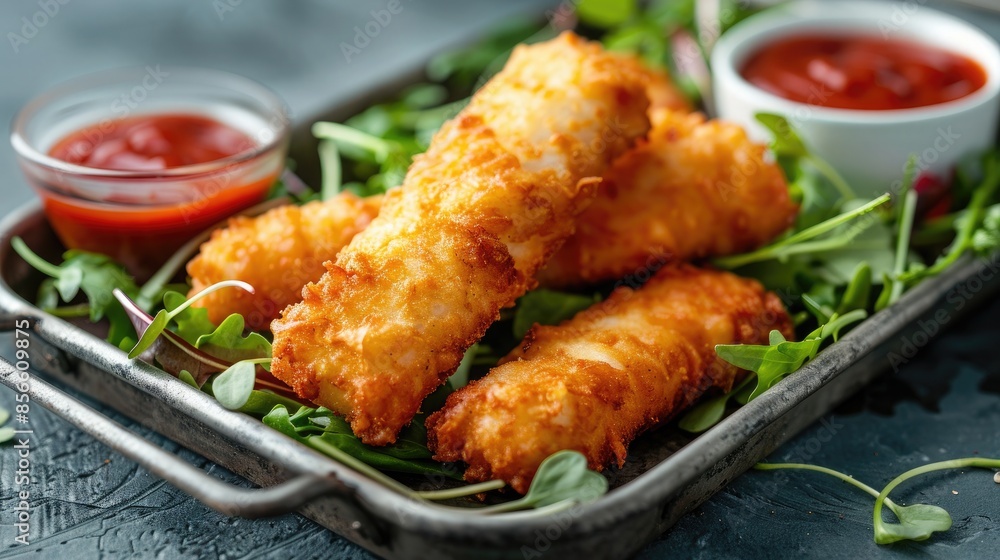 Fototapeta premium Delicious Crispy Fish Sticks with Dipping Sauce and Fresh Greens