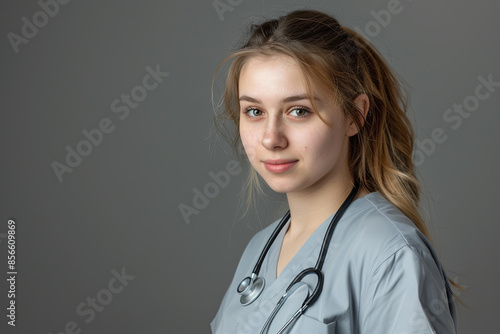 Portrait of a young nurse with a stethoscope, studio shoot photo