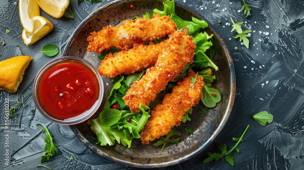 Delicious Crispy Fish Sticks with Dipping Sauce and Fresh Greens Delicious Crispy Fish Sticks with Dipping Sauce and Fresh Greens