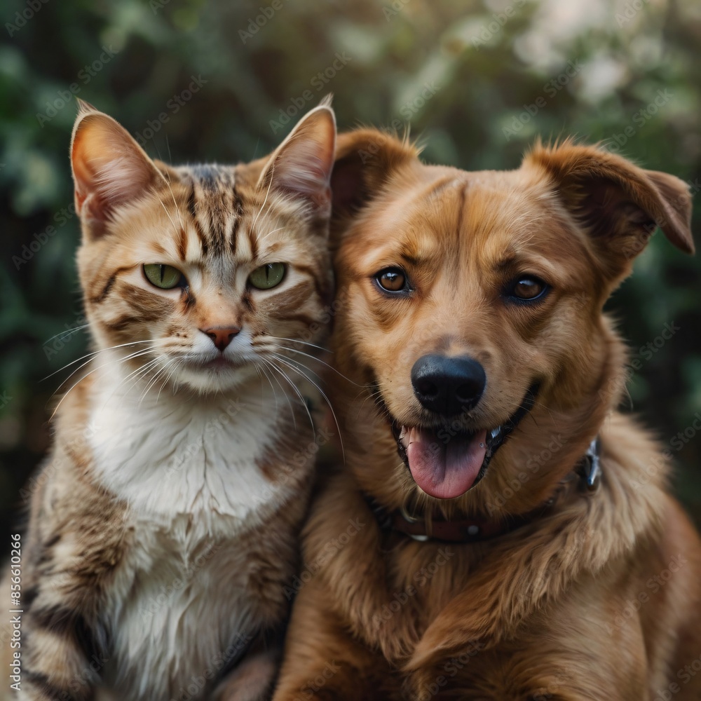 Cat and dog sitting and smiling together on sunny day. Freindship between cat and Dog Cat and dog sitting and smiling together on sunny day. Freindship between cat and Dog