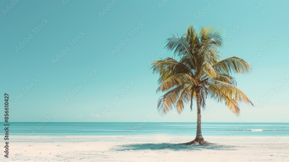 Serene beach scene with a prominent palm tree, clear sky above, encapsulating summer relaxation, raw texture Serene beach scene with a prominent palm tree, clear sky above, encapsulating summer relaxation, raw texture