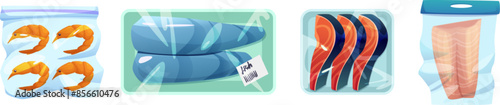 Seafood packages set isolated on white background. Vector cartoon illustration of shrimps, fish fillet, salmon and trout steaks packed in plastic boxes and polyethylene bags, gourmet food, shop design
