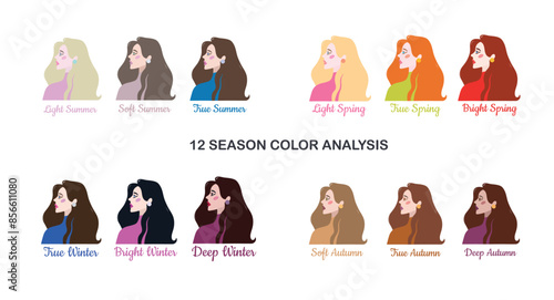 Seasonal color analysis. Color guide for stylist, palette for  type. Portrait of a girl in a seasonal color palette. Vector illustration, easy to change color