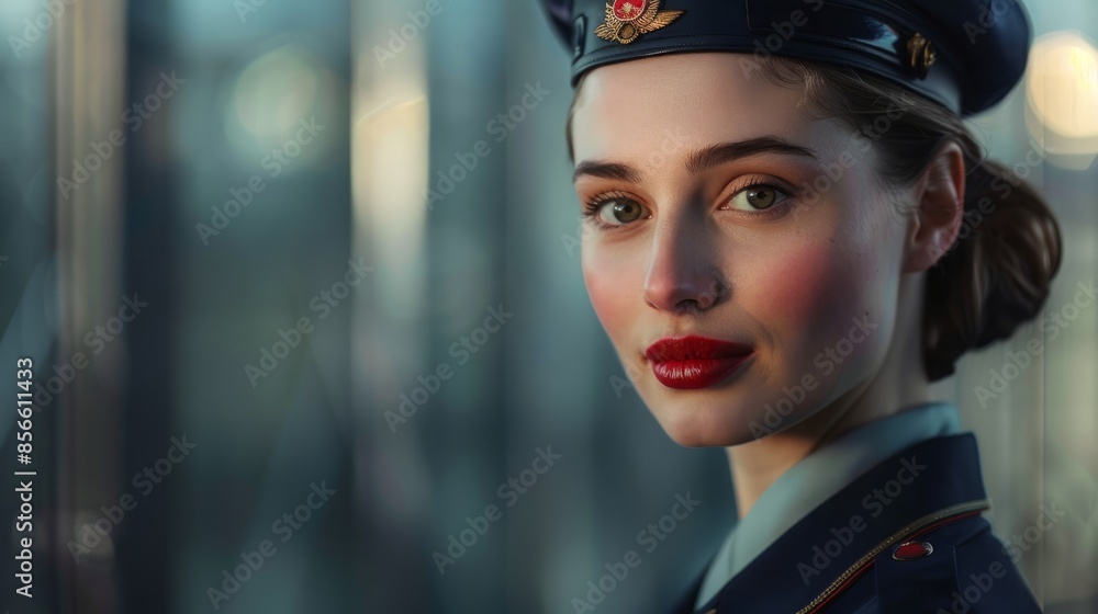 Professional flight attendant in uniform exuding poise and elegance Professional flight attendant in uniform exuding poise and elegance