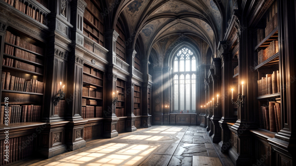 an old, wooden library with bookshelves on either side and a window at the end. The room has a cathedral-like ceiling and is filled with sunlight. There are several flickering candles providing additi an old, wooden library with bookshelves on either side and a window at the end. The room has a cathedral-like ceiling and is filled with sunlight. There are several flickering candles providing additi