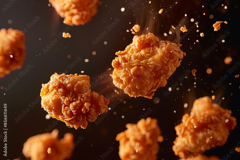 Fried popcorn chicken pieces falling in mid-air Fried popcorn chicken pieces falling in mid-air