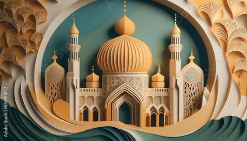 Paper cut-out scene featuring an Arabian style mosque with dome and minarets photo
