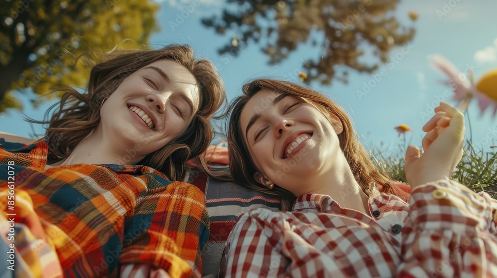 Fototapeta premium Two young women lie on a blanket in a field of flowers, laughing