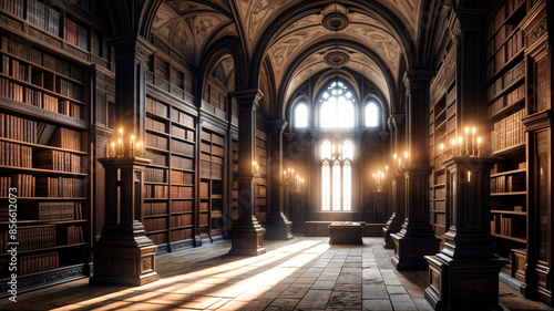 an old, wooden library with bookshelves on either side and a window at the end. The room has a cathedral-like ceiling and is filled with sunlight. There are several flickering candles providing additi © ADI