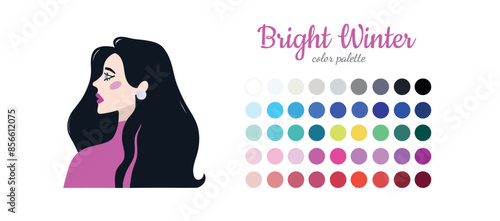 Seasonal color analysis. Color guide for stylist, palette for  type. Portrait of a girl in a seasonal color palette. Vector illustration, easy to change color