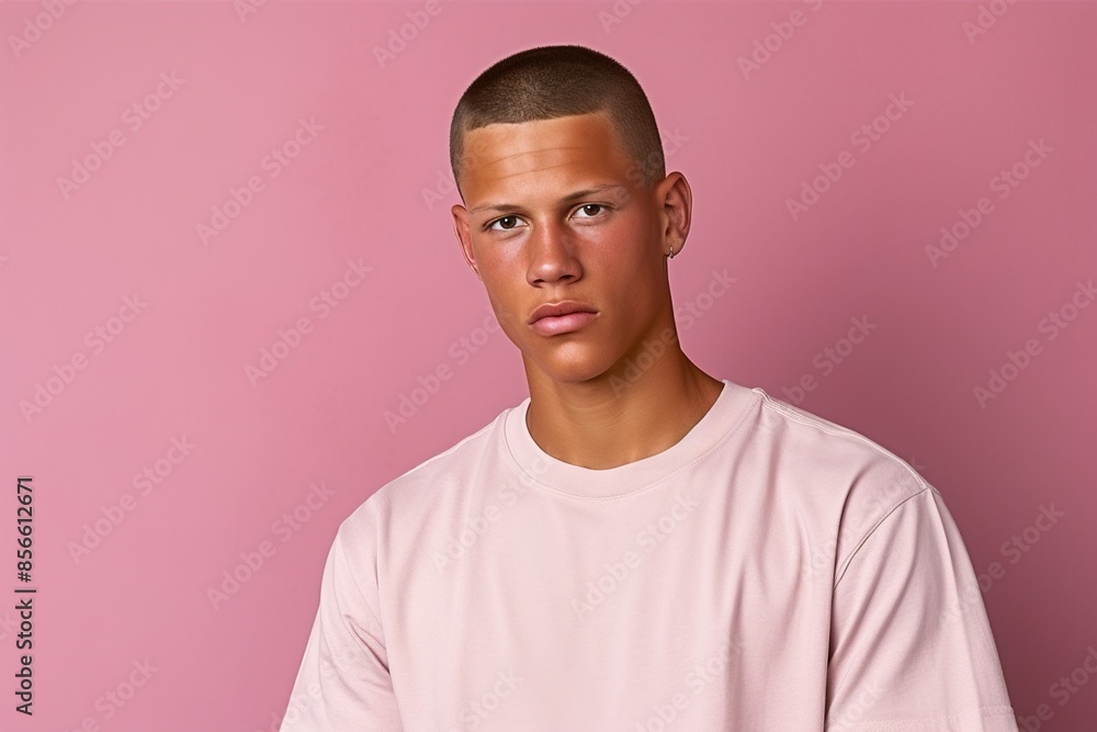 A man with a shaved head and a pink shirt A man with a shaved head and a pink shirt