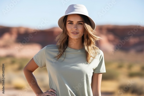 A woman wearing a green shirt and a white hat is standing in a desert © Juan Hernandez