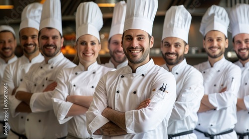 An international team of smiling chefs with crossed arms representing cooking, culinary, and profession concepts